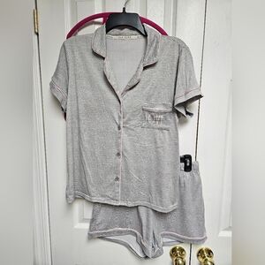 Women's Rae Dunn pj set size Medium gray and white stripes with pink acc…